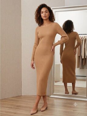 Olia Ribbed Scoop Neck Neutral Midi Dress Size Large.